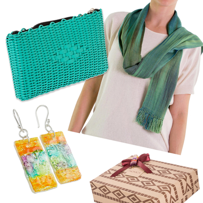 Caja de regalo curada - Set de regalo con bufanda, bolso de mano tejido a mano y aretes reciclados