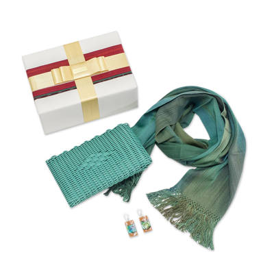 Curated gift box, 'Upcycled in Turquoise' - Gift Set with Scarf, Handwoven Clutch, and Upcycled Earrings