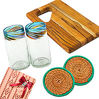 Curated gift box, 'Entertainer' - Gift Set with Pair of Glasses, Coasters and Cutting Board