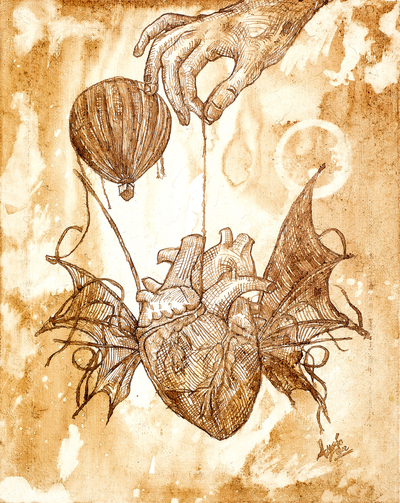 'Flight of the Heart Pendulum' - Mixed Media Oneiric Painting of Hand Holding a Flying Heart