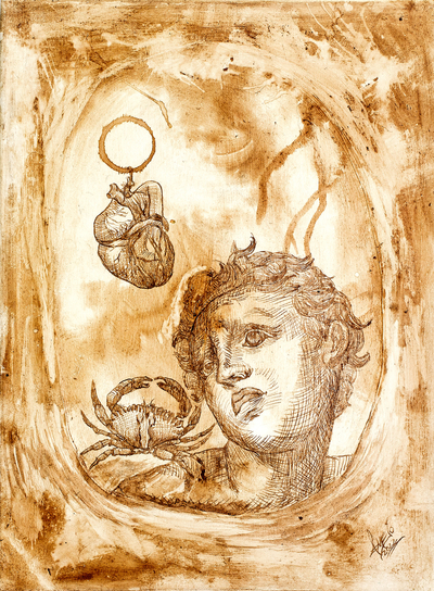 'Heart and Shell' - Mixed Media Oneiric Painting of Man Heart and Crab