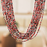 Glass beaded long necklace, 'Sparkling Fire' - Handcrafted Red and Black Glass Beaded Long Necklace