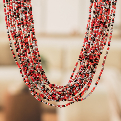 Lange Halskette aus Glasperlen - Handgefertigte lange Halskette aus roten und schwarzen Glasperlen