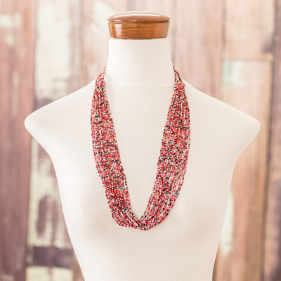 Lange Halskette aus Glasperlen - Handgefertigte lange Halskette aus roten und schwarzen Glasperlen