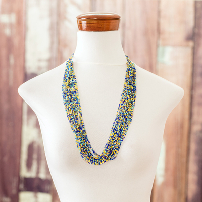 Glass beaded long necklace, 'Festive Sea' - Handcrafted Blue and Yellow Glass Beaded Long Necklace