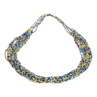 Collar largo con cuentas de cristal - Collar largo hecho a mano con cuentas de vidrio azul y amarillo