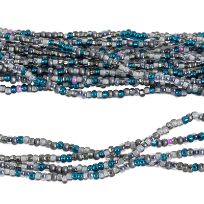 Glass beaded long necklace, 'Trendy Mist' - Handcrafted Grey and Turquoise Glass Beaded Long Necklace