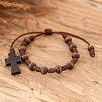 Wood decennary rosary charm bracelet, 'Cycle of Faith' - Pinewood Decennary Rosary Bracelet with Cross Charm