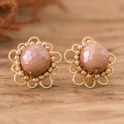 Pendientes de botón de aleación de cobre y perlas - Pendientes de botón florales de perlas y aleación de cobre recubierta de polímero