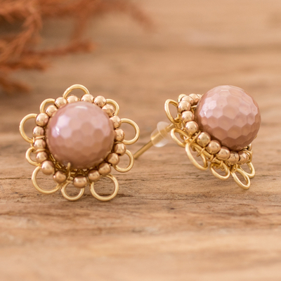 Copper alloy and pearl button earrings, 'Authentic Grace' - Polymer-Coated Copper Alloy and Pearl Floral Button Earrings