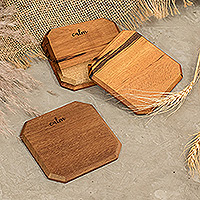 Posavasos de madera, 'Calm Stage' (juego de 4) - Juego de 4 posavasos de madera de Jobillo geométricos tallados a mano