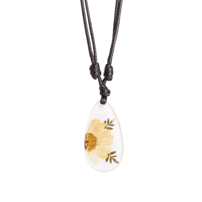 collar con colgante de flor natural - Collar con colgante de resina y flor de margarita natural amarilla