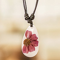 Natural flower pendant necklace, 'Kindness Dahlia' - Purple Natural Dahlia Flower and Resin Pendant Necklace