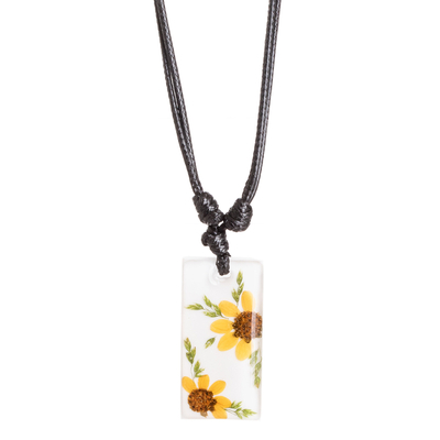 Natural flower pendant necklace, 'Adoration Sunflower' - Yellow Natural Sunflower and Resin Pendant Necklace
