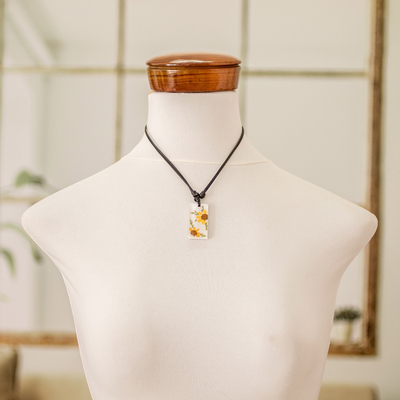 Natural flower pendant necklace, 'Adoration Sunflower' - Yellow Natural Sunflower and Resin Pendant Necklace