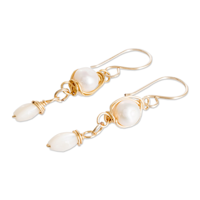 Cultured pearl dangle earrings, 'Chic Allure' - Twisted Wire Glass Bead and Cultured Pearl Dangle Earrings