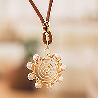 Cultured pearl pendant necklace, 'Alluring Flower' - Pendant Necklace with Cultured Pearls & Twisted Wire Accents
