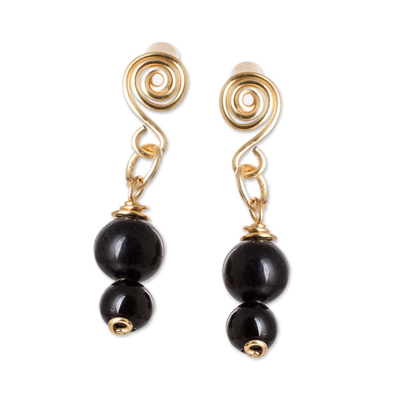 Onyx dangle earrings, 'Midnight Glow' - Dangle Earrings with Onyx Stones and Spiral Wire Accents