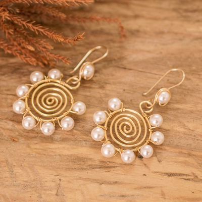 Cultured pearl dangle earrings, 'Alluring Flower' - Twisted Wire Spiral Dangle Earrings with Cultured Pearls
