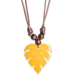 Wood and calabash gourd pendant necklace, 'Jungle Yellow' - Leafy Yellow Calabash Gourd Pendant Necklace with Wood Beads