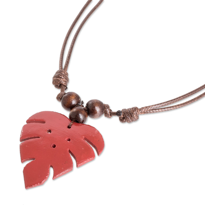 Wood and calabash gourd pendant necklace, 'Jungle Crimson' - Crimson Calabash Gourd Pendant Necklace with Wood Beads