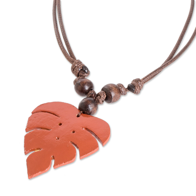 Wood and calabash gourd pendant necklace, 'Jungle Terracotta' - Terracotta Calabash Gourd Pendant Necklace with Wood Beads