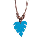Wood and calabash gourd pendant necklace, 'Jungle Blue' - Leafy Blue Calabash Gourd Pendant Necklace with Wood Beads