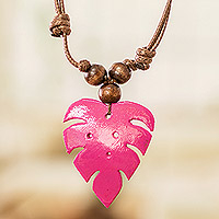 Wood and calabash gourd pendant necklace, 'Jungle Fuchsia' - Fuchsia Calabash Gourd Pendant Necklace with Wood Beads