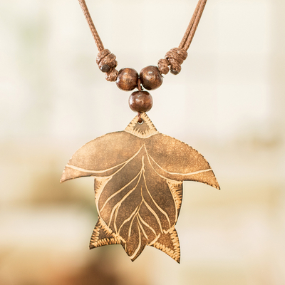 Wood and calabash gourd pendant necklace, 'The Lute Turtle' - Handcrafted Calabash Gourd Lute Turtle Pendant Necklace