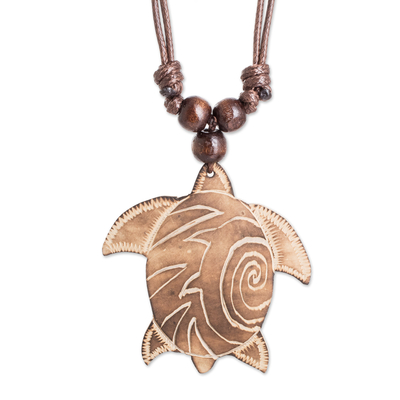 Wood and calabash gourd pendant necklace, 'The Atlantic Turtle' - Handcrafted Calabash Gourd Ridley Turtle Pendant Necklace