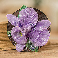 Wood and cold porcelain magnet, 'The Tropical Guaria' - Handmade Painted Pinewood and Cold Porcelain Flower Magnet