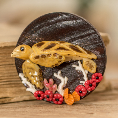 Wood and cold porcelain magnet, 'The Tropical Turtle' - Handmade Painted Pinewood and Cold Porcelain Turtle Magnet