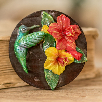 Wood and cold porcelain magnet, 'The Tropical Hummingbird' - Painted Pinewood and Cold Porcelain Hummingbird Magnet