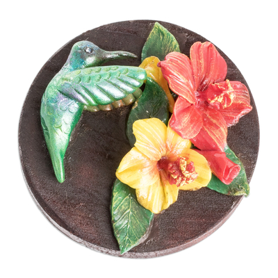 Wood and cold porcelain magnet, 'The Tropical Hummingbird' - Painted Pinewood and Cold Porcelain Hummingbird Magnet