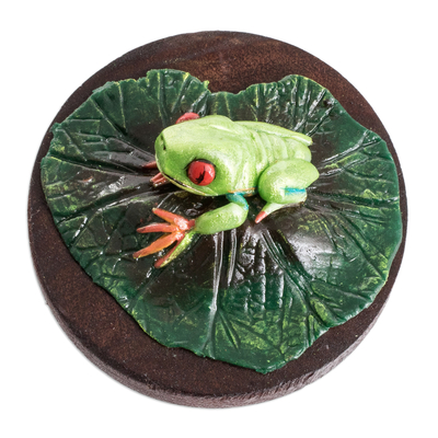 Wood and cold porcelain magnet, 'The Tropical Frog' - Handcrafted Painted Pinewood and Cold Porcelain Frog Magnet