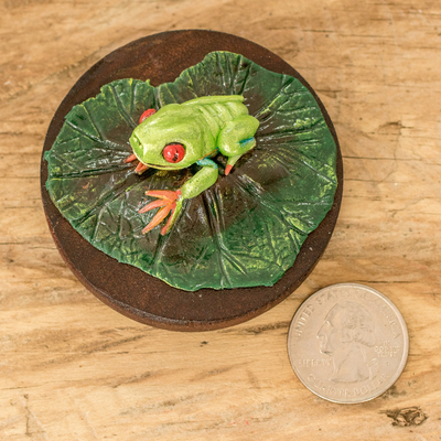 Wood and cold porcelain magnet, 'The Tropical Frog' - Handcrafted Painted Pinewood and Cold Porcelain Frog Magnet