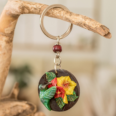 Wood and cold porcelain keychain, 'The Little Hummingbird' - Painted Pinewood and Cold Porcelain Hummingbird Keychain