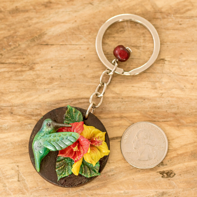 Wood and cold porcelain keychain, 'The Little Hummingbird' - Painted Pinewood and Cold Porcelain Hummingbird Keychain