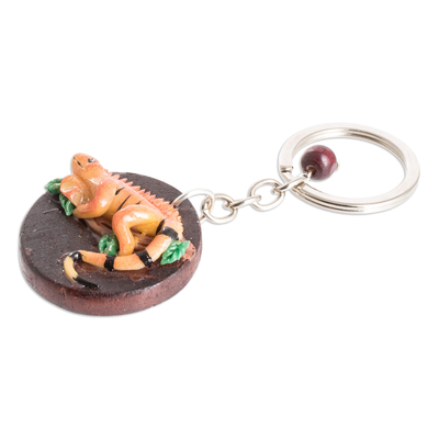 Wood and cold porcelain keychain, 'The Little Iguana' - Handmade Painted Pinewood and Cold Porcelain Iguana Keychain