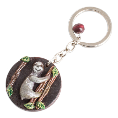 Wood and cold porcelain keychain, 'The Little Sloth' - Handmade Painted Pinewood and Cold Porcelain Sloth Keychain