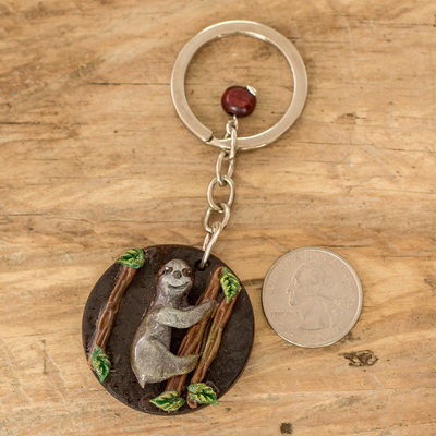 Wood and cold porcelain keychain, 'The Little Sloth' - Handmade Painted Pinewood and Cold Porcelain Sloth Keychain