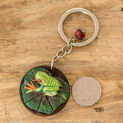 Wood and cold porcelain keychain, 'The Little Frog' - Handmade Painted Pinewood and Cold Porcelain Frog Keychain