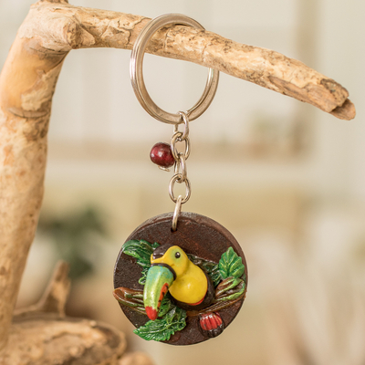 Wood and cold porcelain keychain, 'The Little Toucan' - Handmade Painted Pinewood and Cold Porcelain Toucan Keychain