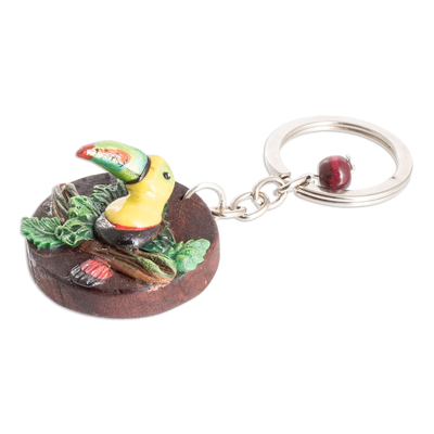 Wood and cold porcelain keychain, 'The Little Toucan' - Handmade Painted Pinewood and Cold Porcelain Toucan Keychain