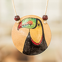 Calabash gourd pendant necklace, 'Magic Portrayal' - Hand-Painted Calabash Gourd Toucan Pendant Necklace
