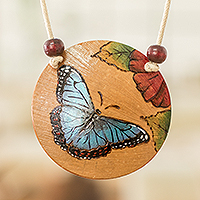 Calabash gourd pendant necklace, 'Hope Portrayal' - Hand-Painted Calabash Gourd Butterfly Pendant Necklace