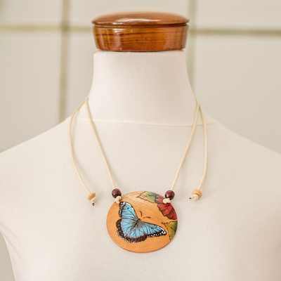 Calabash gourd pendant necklace, 'Hope Portrayal' - Hand-Painted Calabash Gourd Butterfly Pendant Necklace