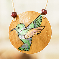 Calabash gourd pendant necklace, 'Harmony Portrayal' - Hand-Painted Calabash Gourd Hummingbird Pendant Necklace