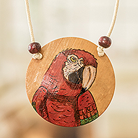 Calabash gourd pendant necklace, 'Loyalty Portrayal' - Hand-Painted Calabash Gourd Red Macaw Pendant Necklace