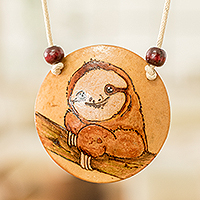 Calabash gourd pendant necklace, 'Calm Portrayal' - Hand-Painted Calabash Gourd Sloth Pendant Necklace